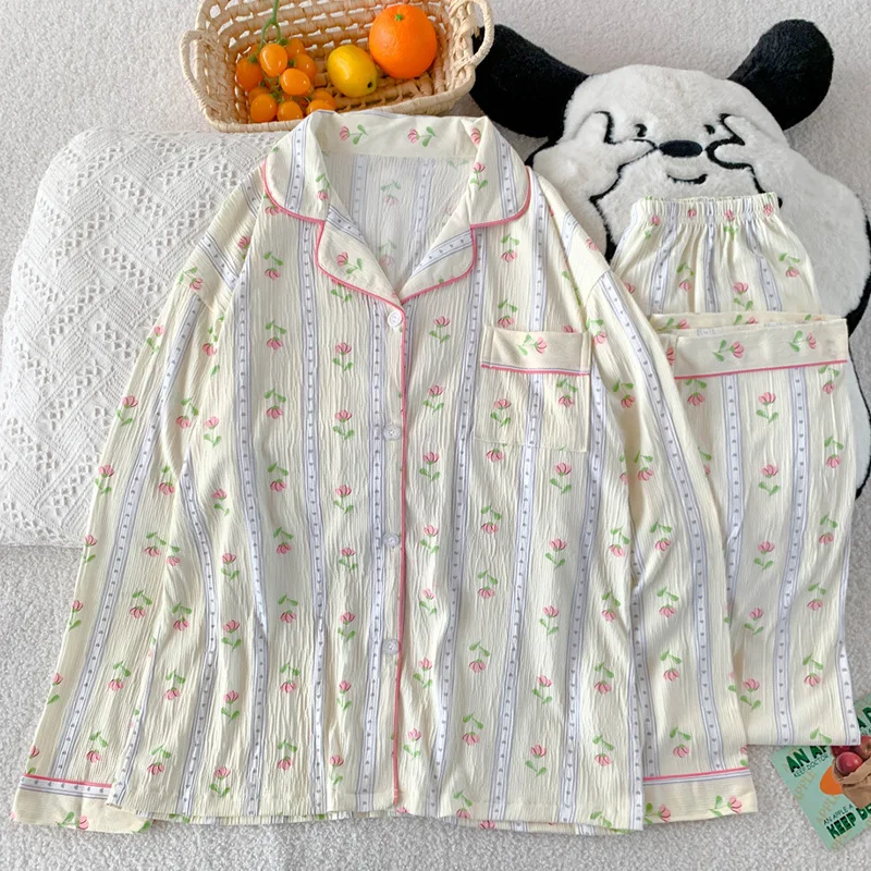 Frühlings- und Herbst-Tulpen-Prinzessin Windgeraffter Stoff Langarm-Pyjama für Damen Sommer Hauskleidung Dünnes Set Nachtwäsche