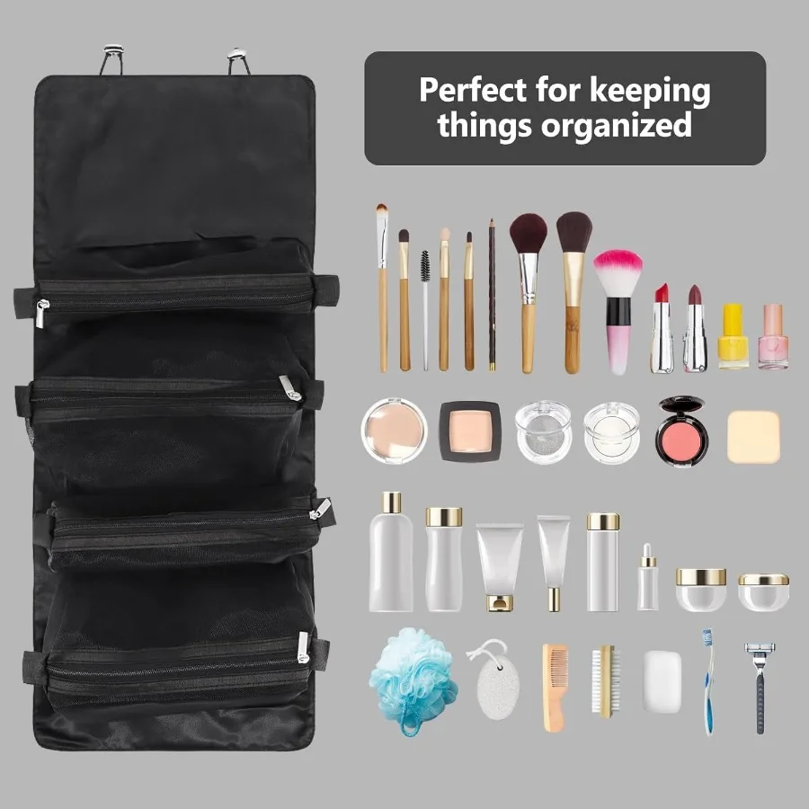 Roll Up Makeup Bag Hanging Toiletry Bag with 4 in 1 Detachable Design and 4 Removable Storage Compartments Ideal Travel Makeup