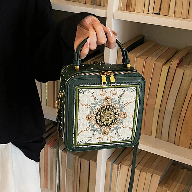 Exquisite bedruckte Umhängetasche, quadratische Damen-Box-Handtasche, Colorblock-Sling-Bag, Messenger-Tasche für den Arbeitsweg und zur Aufbewahrung von Kosmetika – Detail 14