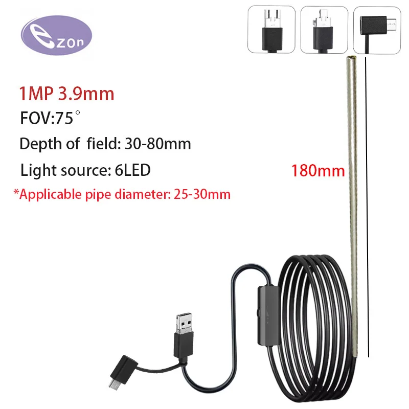 3.9mm gun-barrel endoscope camera, 3-in-1 Micro USB Type-C interface, waterproof industrial endoscope camera for Android and PC.