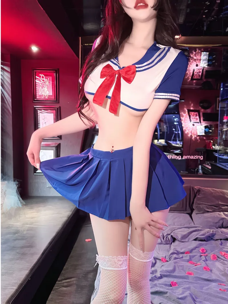 Estilo japonês e coreano Uniforme Campus, Interpretação de Papéis, Lingerie Sexy, Tops de manga curta com decote em V, saia curta plissada, O6IN