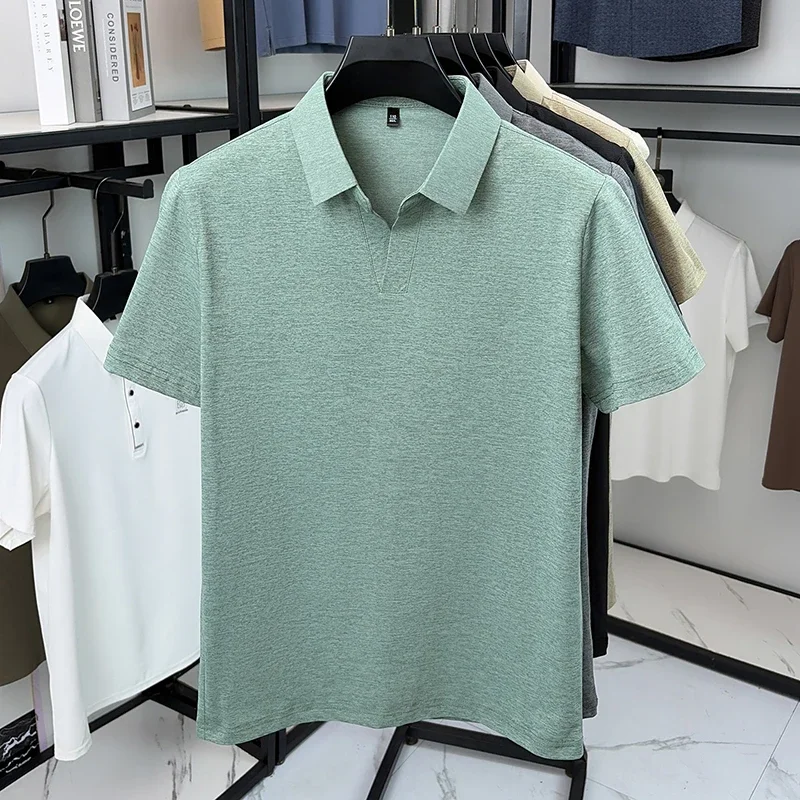 Men heather blend short sleeve polo shirt lapel v notch open placket soft matte fabric breathable slim summer business top