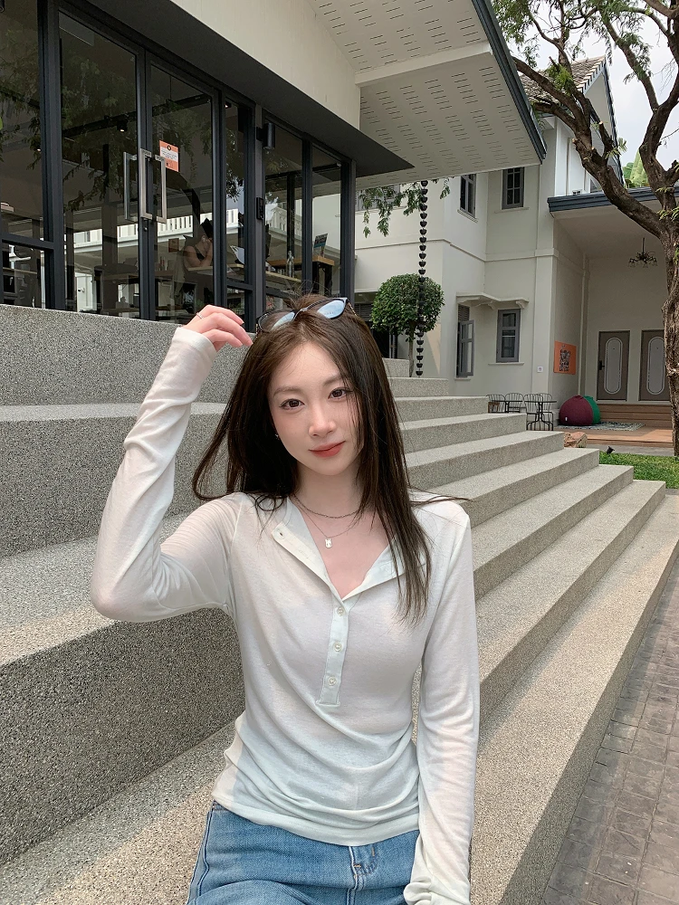 

Mint Lemon Wool Knitted Long Sve Button V-Ne Slim Fit Spring Summer Women's Top Breathable Comfortable Lightweight