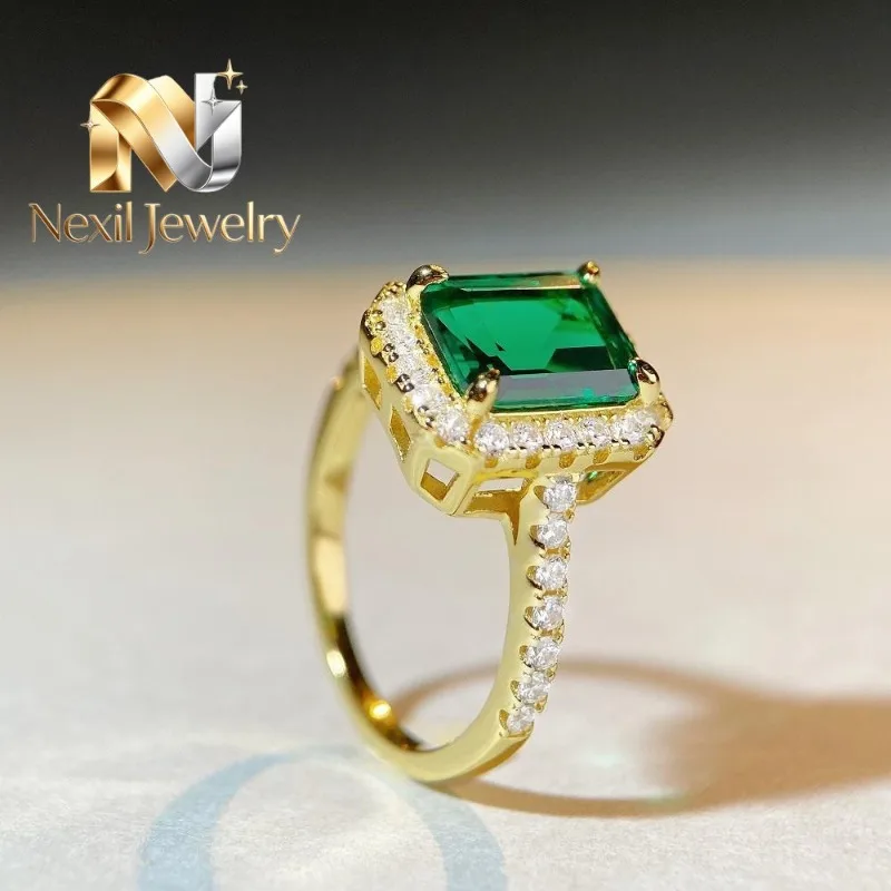 

Nexil Jewelry Luxury Solid Platinum PT950 18K gold 3 karat Emerald Ring Pagoda Cut Women's Diamond Ring