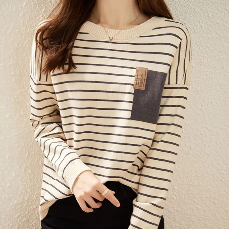 Women\'s Clothing Casual Striped Sweaters Spring Autumn Long Sleeve Korean Round Neck Fashion Patch Designs Loose Knitted Jumpers