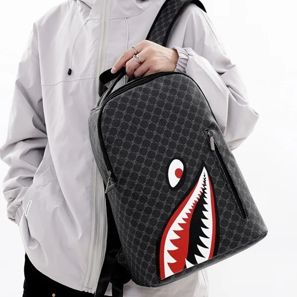 Men\'s backpack Simple personality fashion shark mouth plaid high school student college bag computer backpack