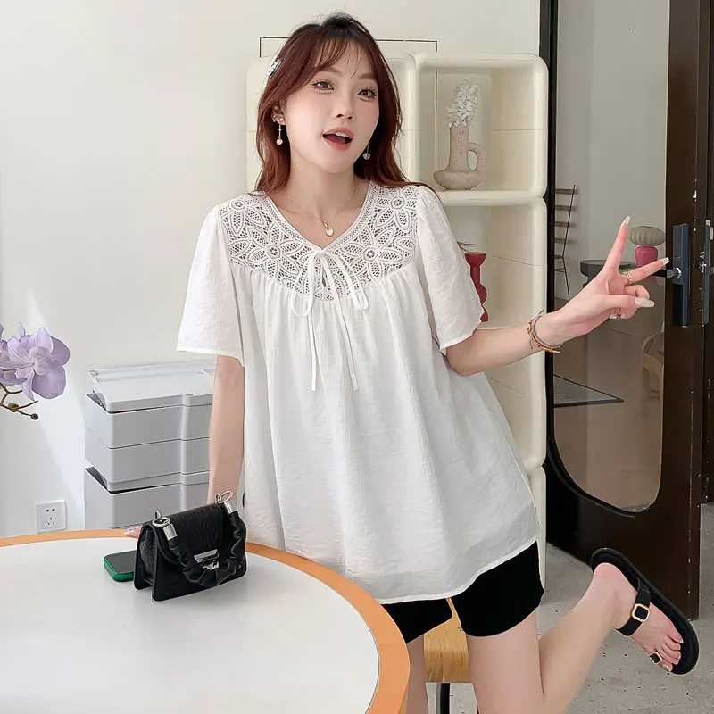 Pregnant Women's Summer Top Hollow Out Floral Embroideried O-Neck Short Sleeve Loose Maternity Shirts White Blouse for Pregnancy