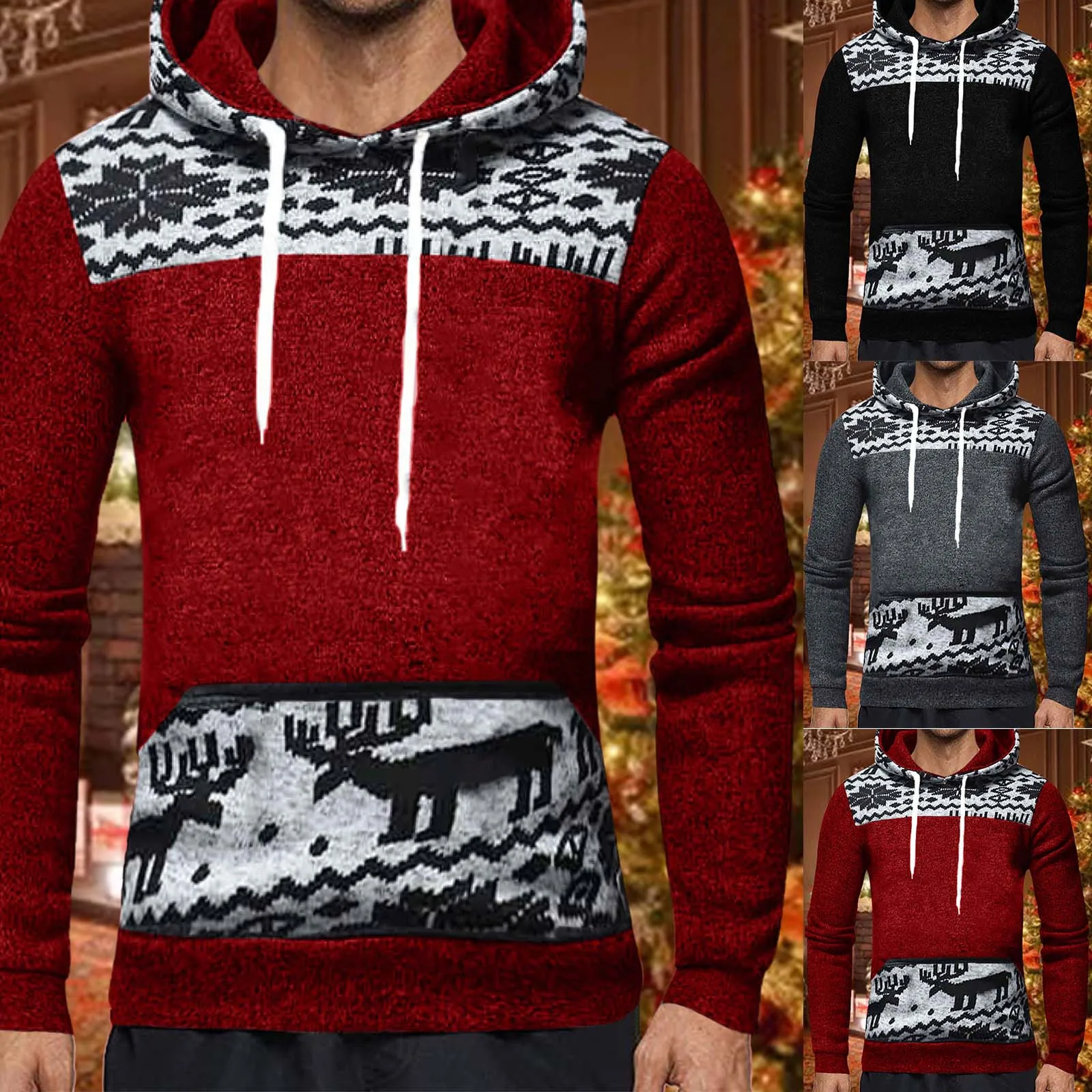 

Men's Fashion Autumn Oversized Patchwork Printed Long Sleeve Tether Hooded Christmas Deer Hoodies Sweatshirts Casual Long sleeve