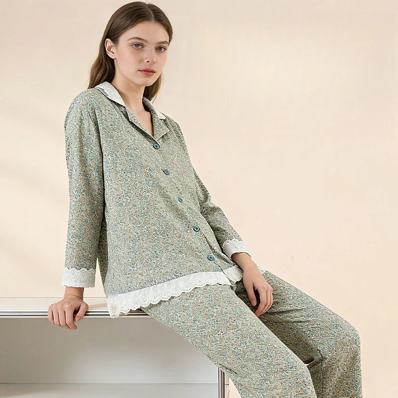Skin-Friendly Pure Cotton Women's Pajamas Ultra Soft Breathable Floral Lace Trim Patchwork Button-front Sleepwear Loungewear Set