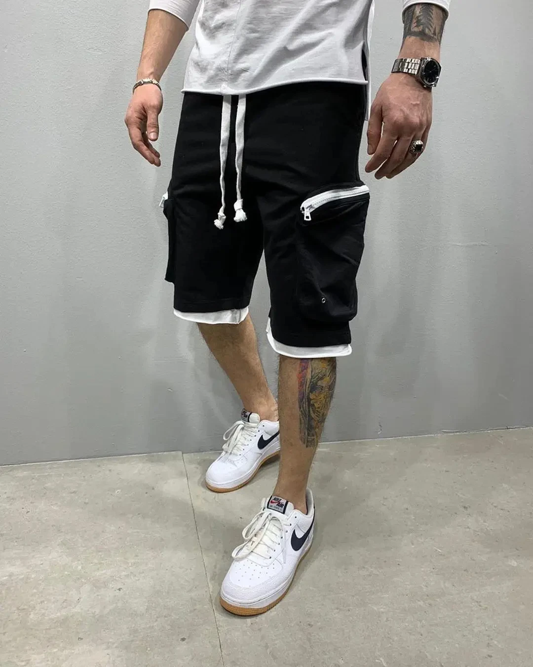 Summer New Men\'s Fitness Five Quarter Pants Cotton Shorts Double Pocket Zipper Decorative Cargo Pants Casual Sports Pants