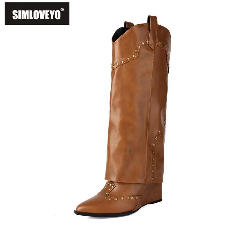 Botas deslizantes de dedo apontado para mulheres, cunhas, rebites de 9cm, botas longas femininas, sapatos da moda, tamanho grande 42 43