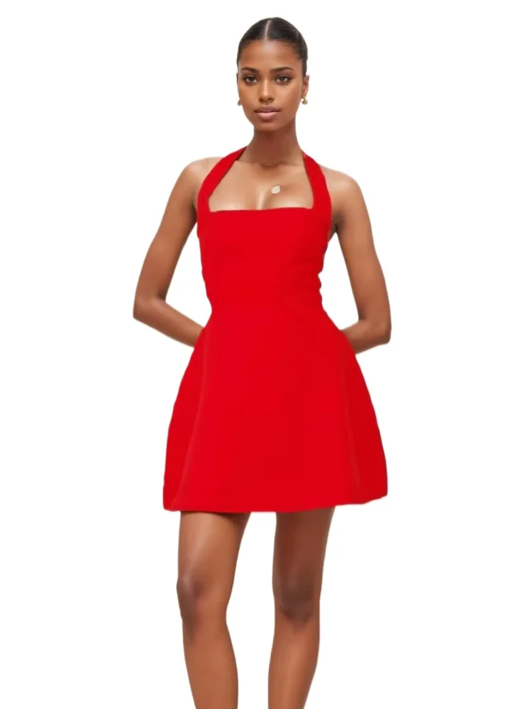 Summer New Women\'s Solid Color Halter Strap Dress women clothing 2024 New Fashion Dress for Women Backless Mini Red Party Dress