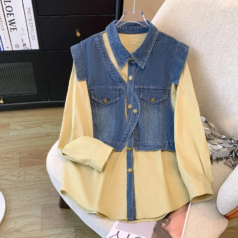 2024 Spring  Autumn Collection New Fashionable Niche Design Sense Irregular Fashion Splicing Long Sleeves Denim Vest Shirt Women