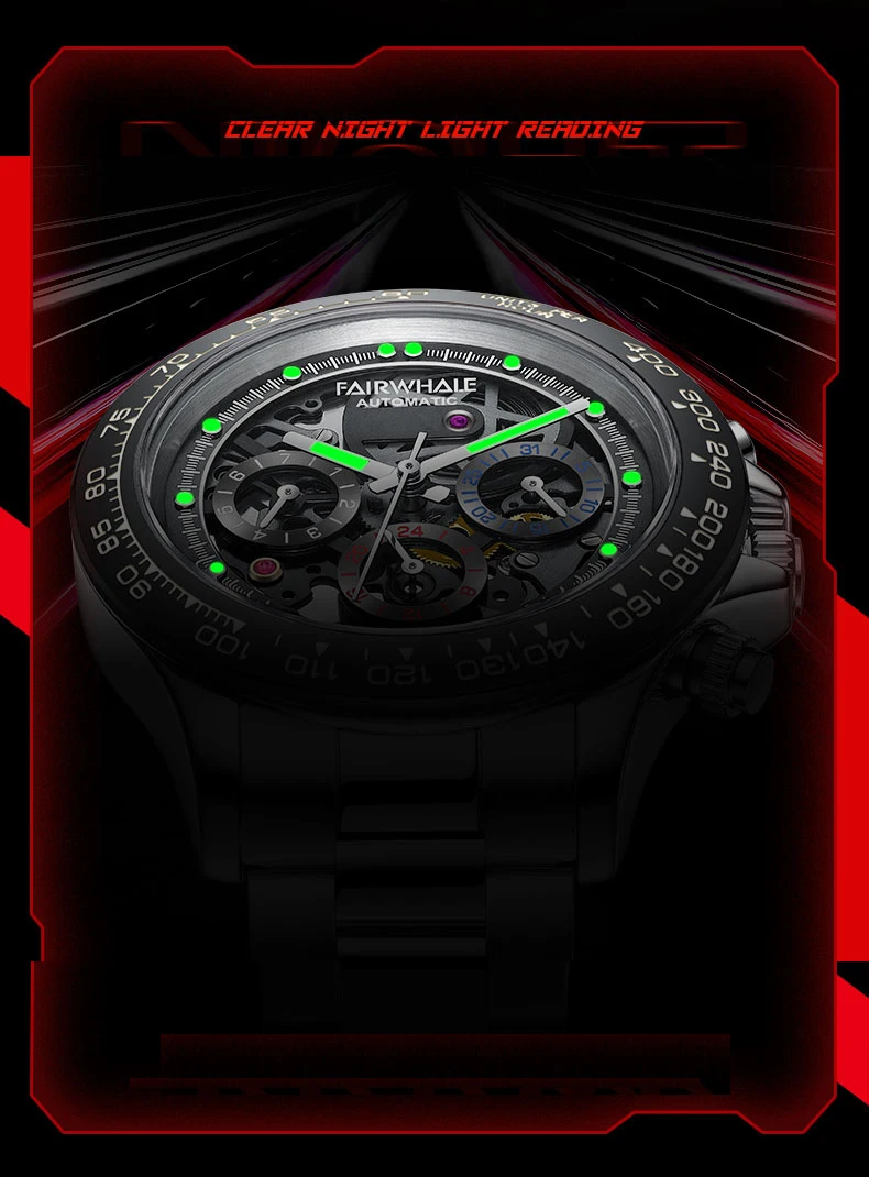 ساعة مارك فيرويل أوتوماتيكية للرجال 40 ملم ساعة يد ميكانيكية 30 متر مقاومة للماء هيكل عظمي مضيء تاريخ الأسبوع 24 ساعة