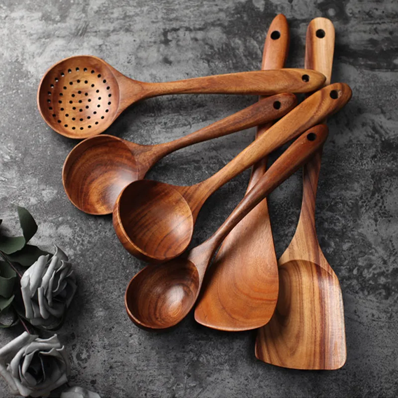 Kitchen Utensils Set Thailand Teak Cooking Spoon Natural Wooden Tableware Tools Ladle Turner Rice Colander Soup Skimmer Scoop