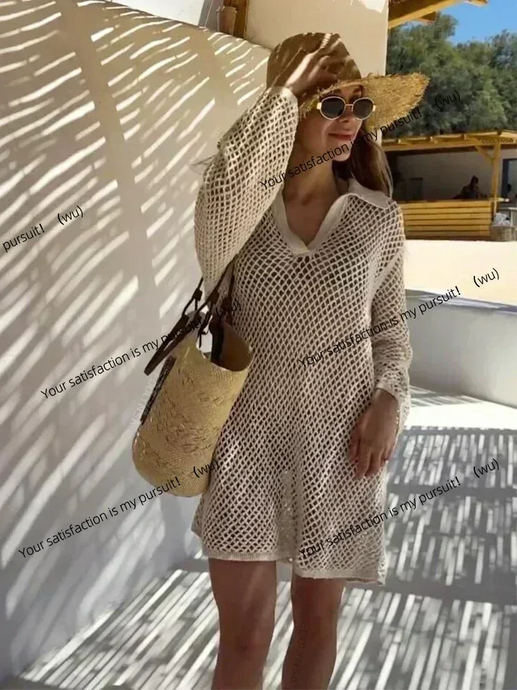 Mini abito da spiaggia in maglia tinta unita da donna, costume da bagno estivo sexy scollato a maniche lunghe, copricostume Boho Holiday, costumi da bagno larghi
