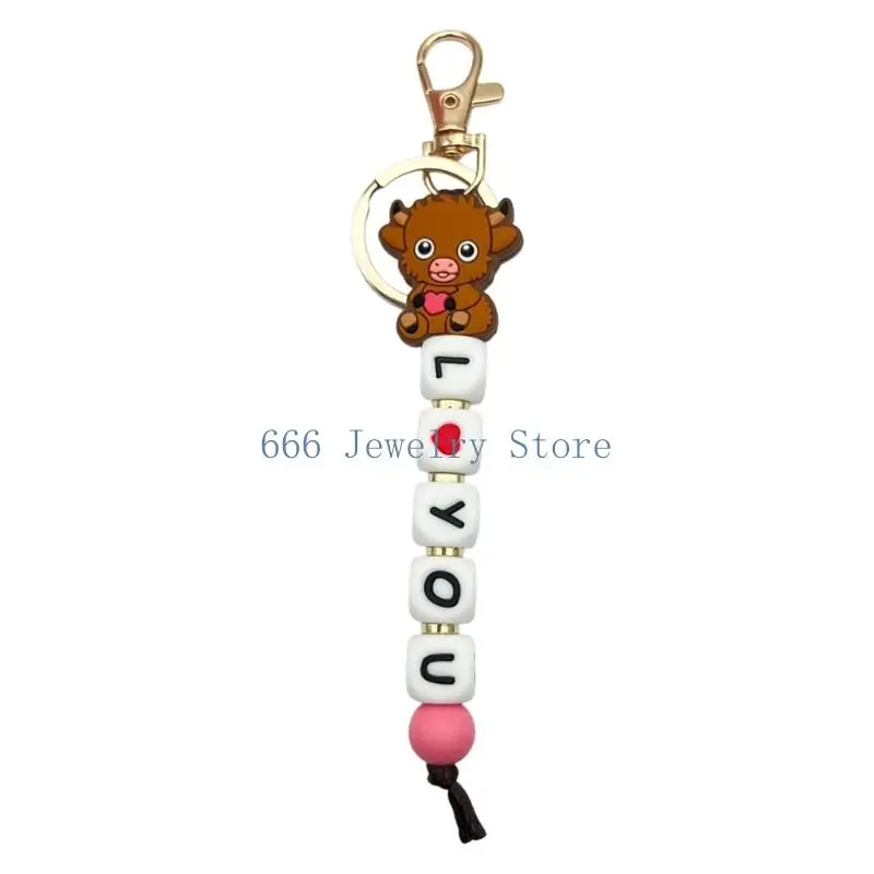 F2TD Beaded Keychain Accessory with Soft Silicone Strand, Decorative Charm and Metal Hardware for Key Ring or Bag Accent