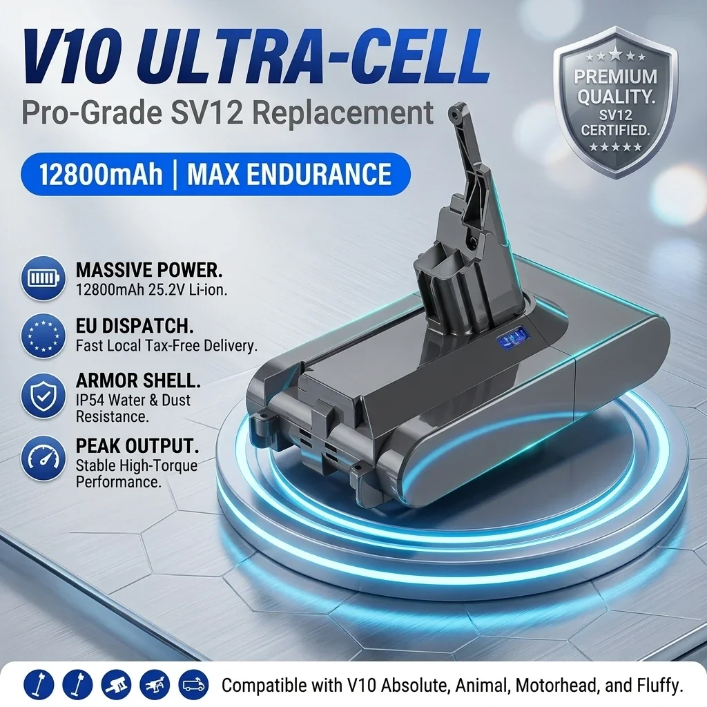 Batteria a ricarica rapida da 25,2 V e 12800 mAh per Dyson V10 SV12, adatta come batteria di ricambio per Dyson V10 – Absolute, Fluffy, Whirlwind SV12.