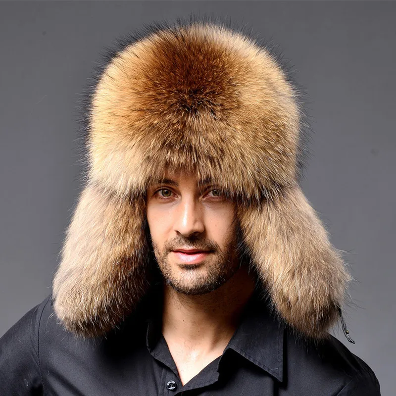 Real fur hat 100% Fox Skin Businessmen Pilot Bombers Full Mao Men's hat Ushanka Winter Ear Guard Hat Raccoon Fur Beanie hat