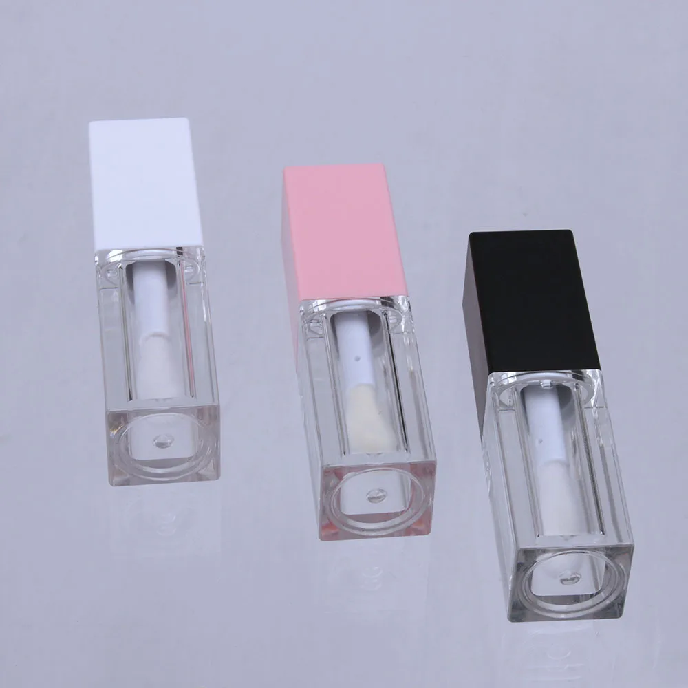 50 Pcs 5ml Clear Square Lip Gloss Tube Pink White Head Brush Black Lip Glaze Bottle