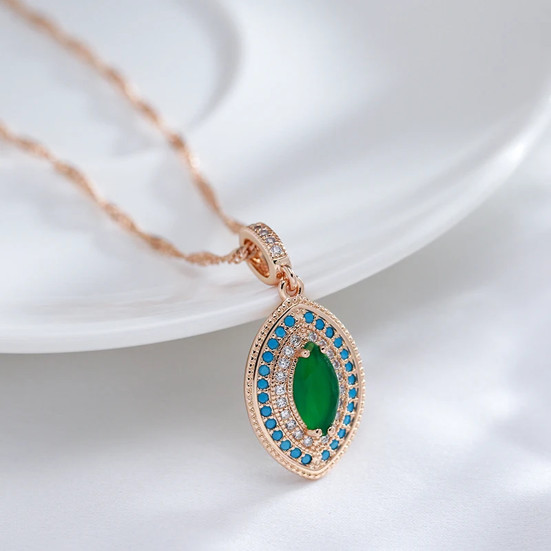 Kinel Hot 585 Rose Gold Color Long Pendant Necklace Women Fashion Green With Blue Natural Zircon Wedding Daily Vintage Jewelry