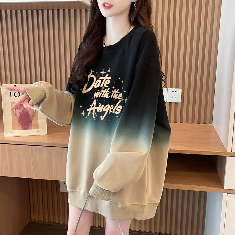 Spring Autumn Women\'s 2024 New Splicing O-Neck Fashion Versatile Letter Printed Gradient Medium Long Loose Long Sleeve Hoodies