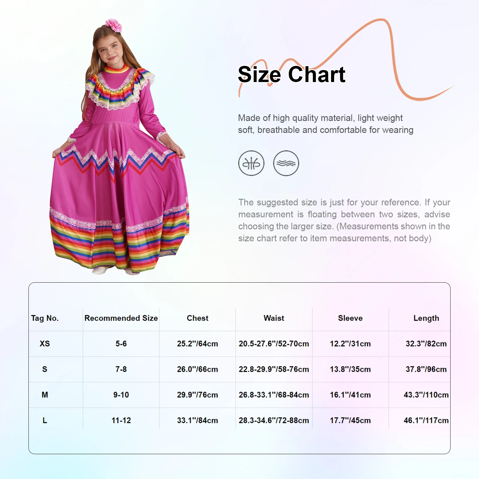 Girls Mexican Traditional Dress Colorful Stripe National Dance Folklorico Swing Dress Halloween Carnival Performance Costume