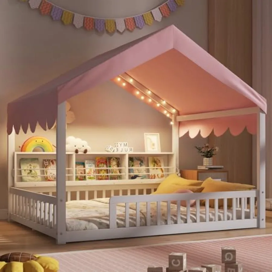 

Full Size Montessori Floor Bed for Toddler, House Shaped Full Bed Frame with Safety Guardrail, Curtain and Lights, Side Storage