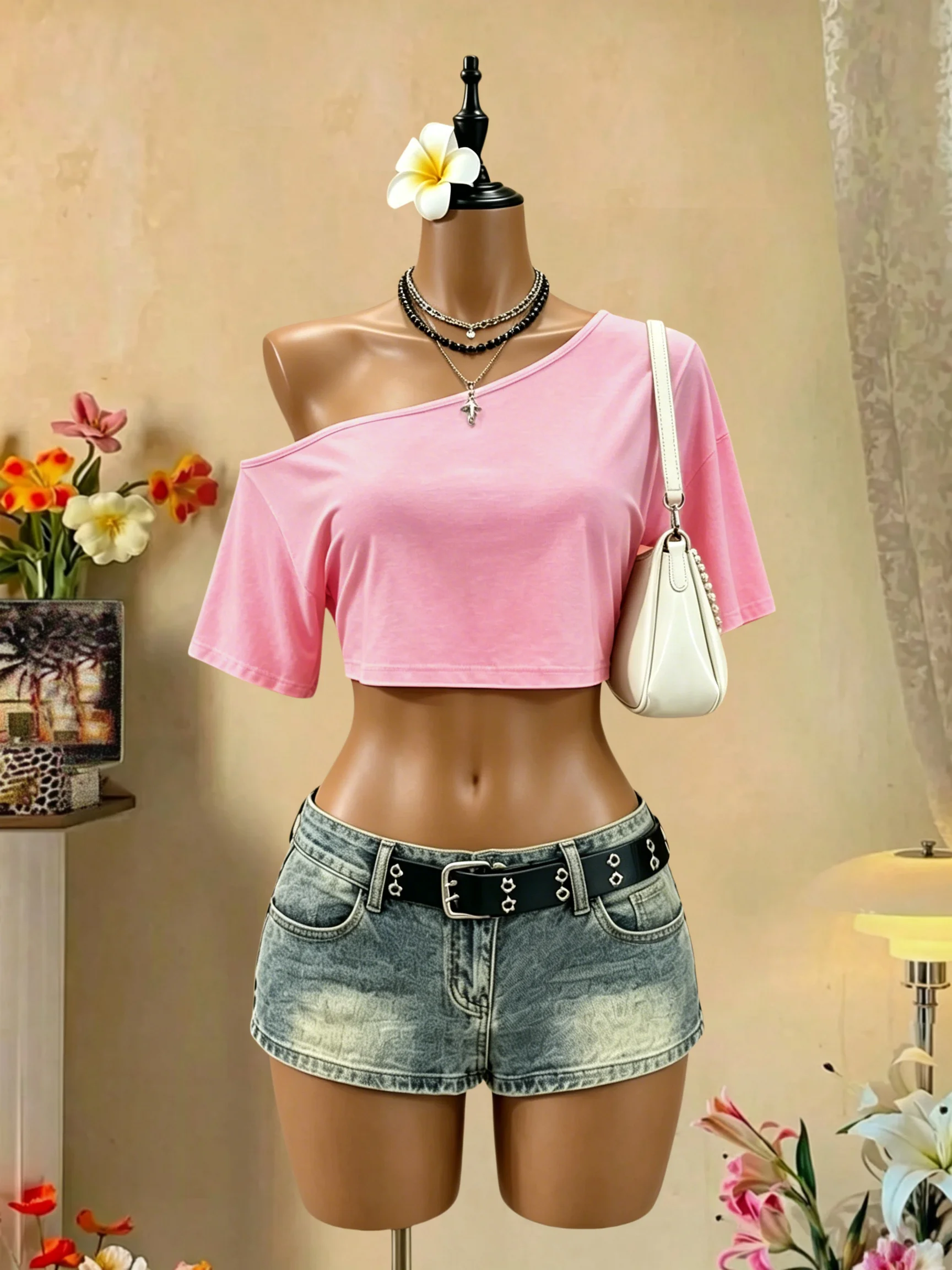 Damen One-Shoulder Kurzarm Crop-Top Asymmetrischer Ausschnitt Hochelastisches Weiches Leichtgewicht-Gewebe Locker Sitzend Y2K Alltag Ausgehzubehör – Detail 7