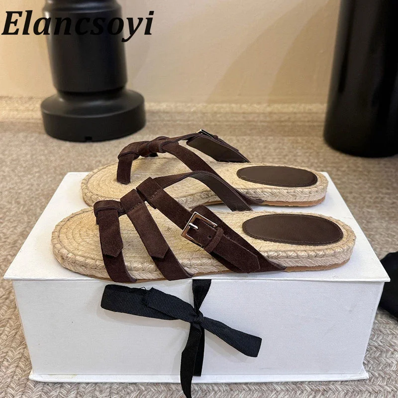 2026 women's open toed leather metal buckle slippers flat casual shoes outdoor lazy sandals multifunctional vacation beach shoes