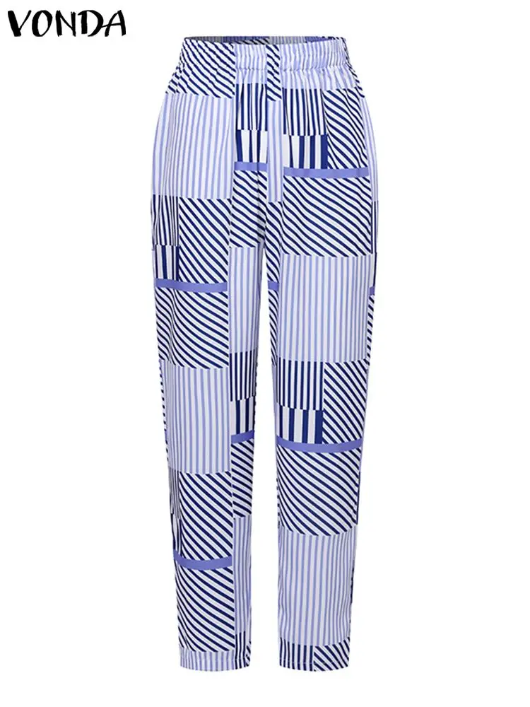 VONDA Women Pant Sets Autumn Long Sleeve Tops Casual Matching Sets 2024 Fashion Elastic Waist Pants Stripe Printed  Loose 2pcs