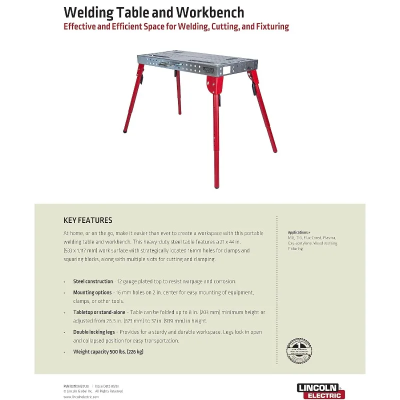 Lincoln Folding Workbench, mesa soldadura portátil, K5334-1, 21 "x 44"