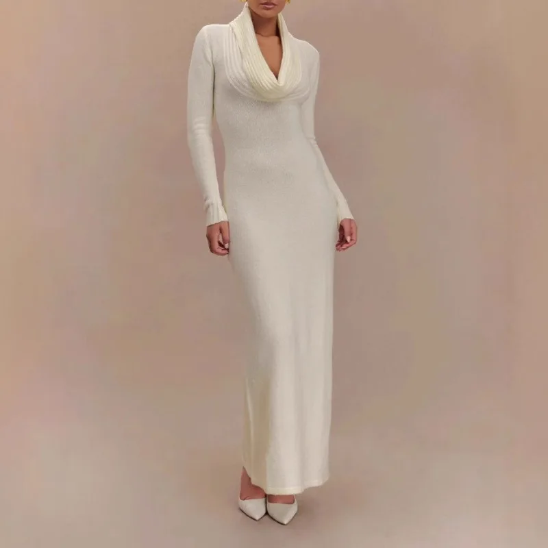 

Long-sleeved Knitted Dress with Drooping Collar Autumn New Pure Waist Slim Dress