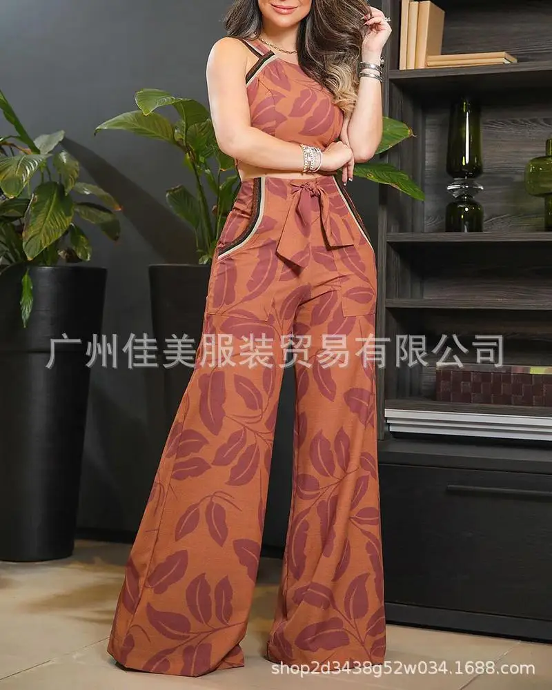 Sets for Women 2 Pieces 2024 Summer Plant Print Sleeveless Round Neck Crop Top & Casual High Waist Pocket Wide Leg Pants Set