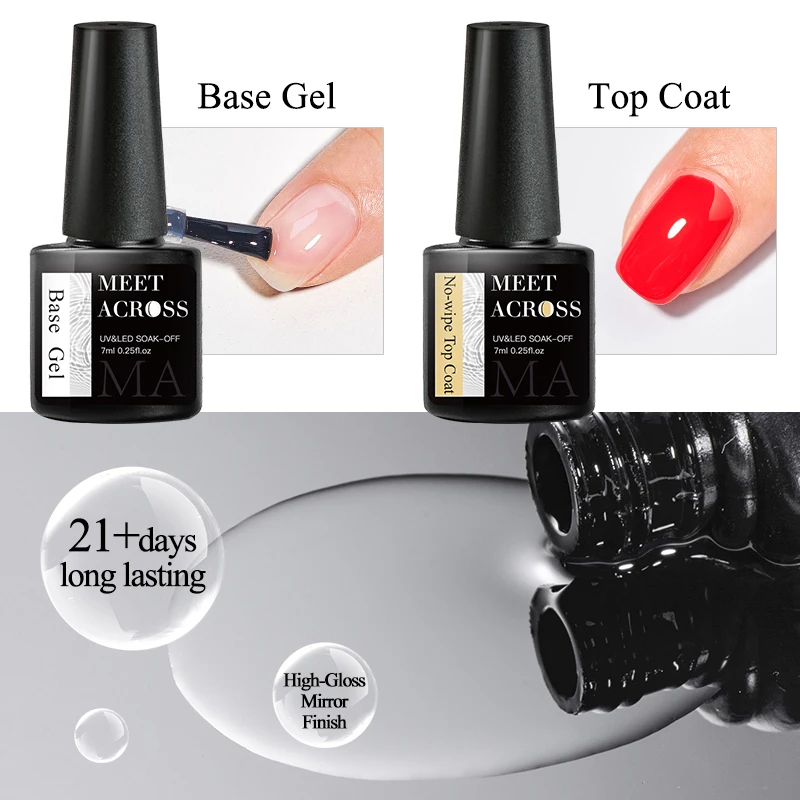 MEET ACROSS 7ml Base No-wipe Matte Top Coat Żelowy lakier do paznokci Długotrwały, funkcjonalny żel UV Vernis Nail Art Manicure Tools Design