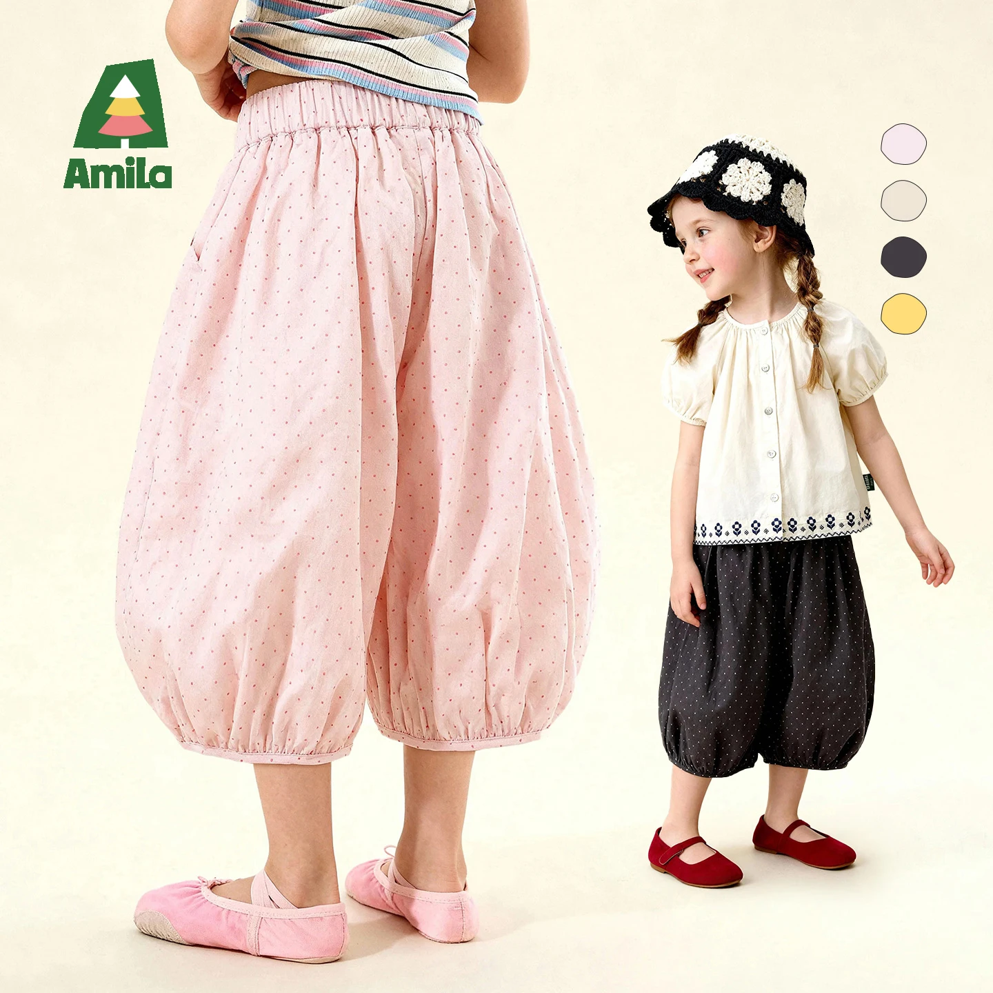 

Детские повседневные брюки Amila 2026: Новинка лета, в полоску, в горошек, однотонные, свободные, винтажные, фасона «фонарики»