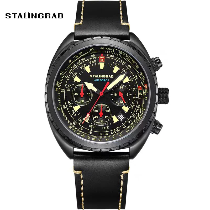 Stalingrad 43mm Pilot Men Watch Vintage Military Simple Fashion Style Quartz Clock Leather 10 Bar Relojes