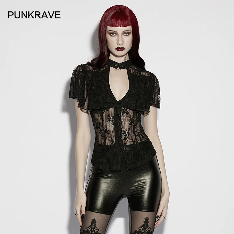 PUNK RAVE Women's Gothic Hollow V-neck Exquisite Small Buckle Lace Shirt Elegant Temperament Adjustable Drawstring Thin Top