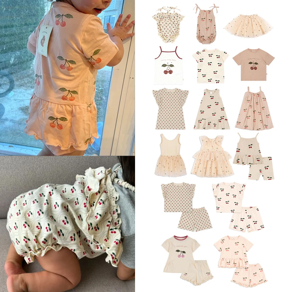 Summer KS Newborn Baby Rompers Girls Kids Tee T-shirt Shorts Sling Dress Suits Cherry Print Children's Bodysuits Vacation Casual
