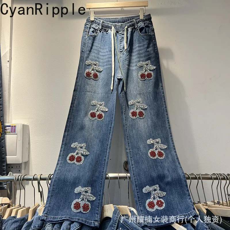 Large Size New Autumn All-match Elastic Waist Casual Denim Trousers Drawstring Elastic Waist Cherry Diamonds Wide Leg Jeans