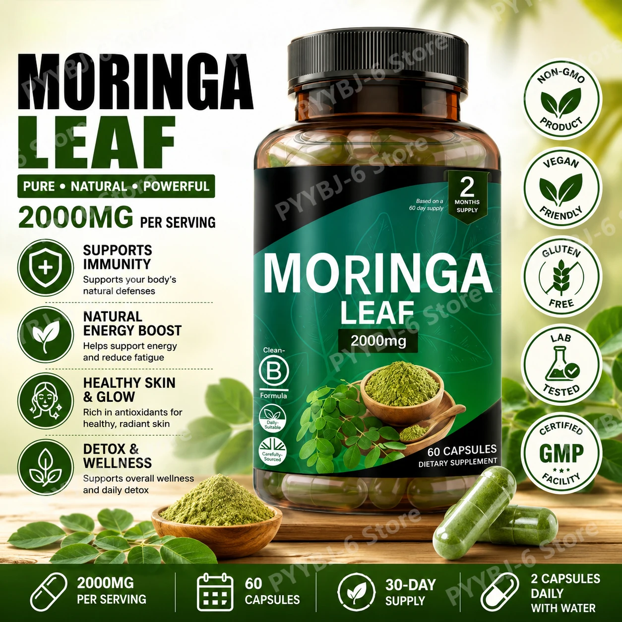 

Moringa Capsules Natural Dietary Fiber Supplement Supports Digestive Health Wellness Daily Nutrition for Adults 60 Capsules