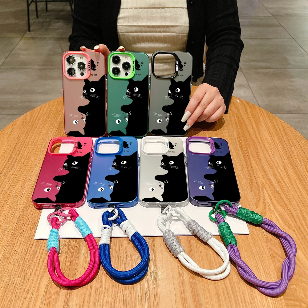 Cute Cartoon Black Cat Electroplate Lanyard Strap Phone Case For iPhone 15 14 13 12 11 16 Pro Max X XS 7 8 Plus Hand Strap Cover
