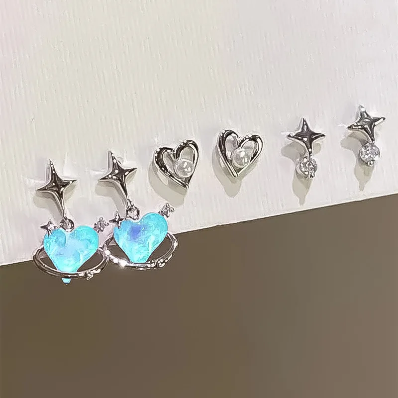 2/6Pcs Set Heart Stud Earrings Women's Personality Korean Fashion Y2K Pink Crystal Temperament Star Earrings Piercing for Ears