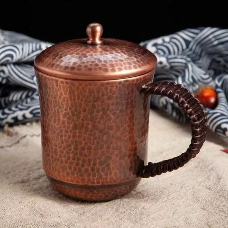 Vintage Pure Copper Coffee Cup,With lid Mug Moscow Mule Tumbler Thickened Hammer Texture Woven Handle 500 ml Beer Mug,Tableware