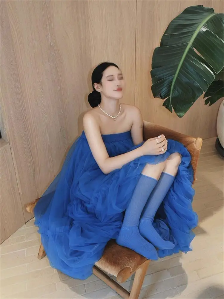 Korean Style Blue Mesh A-Line  Skirt Women's Summer Beautiful Drapey Fluffy Long Skirt Slimming High Waist Skirt