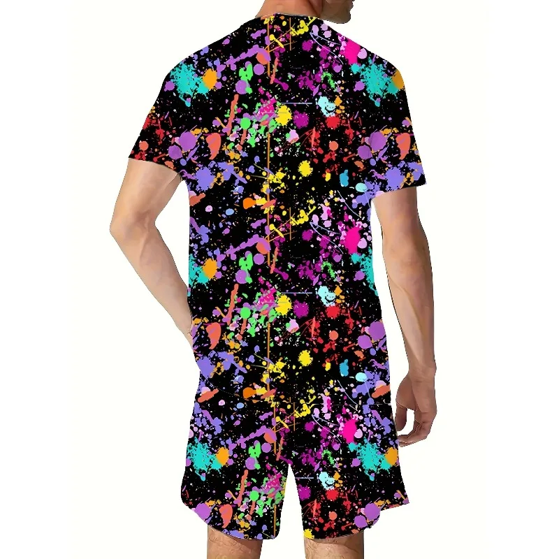 2025 New Summer Fashion 3D Digital Geometric Line Painted Print Men's Shorts Short Sleeved Set Round Neck T-shirt Two-piece Set