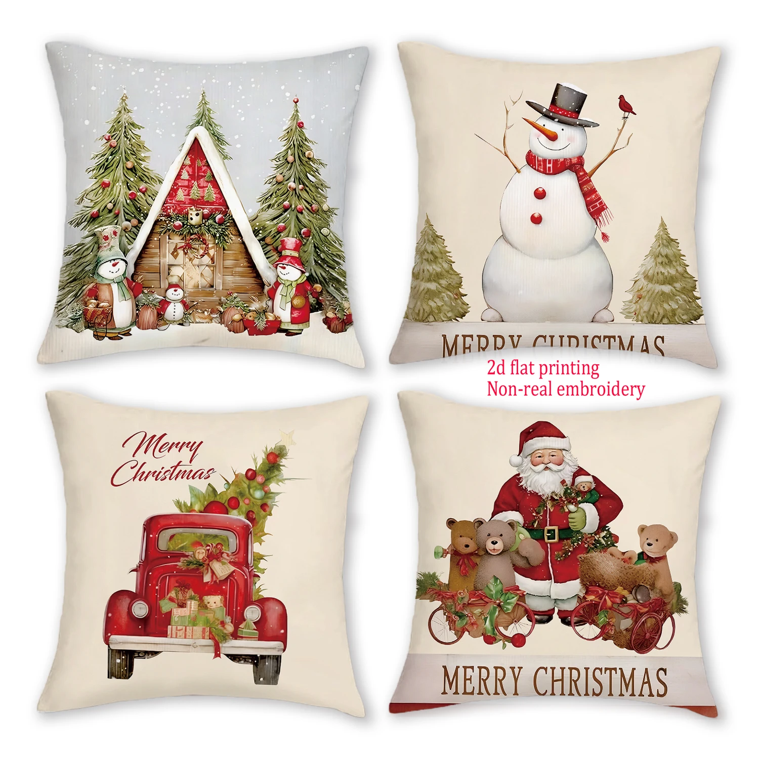 4pcs Flat Printing Merry Christmas Cushion Covers, Snowman Non-real Embroidery Winter Home Decor Throw Pillow Covers