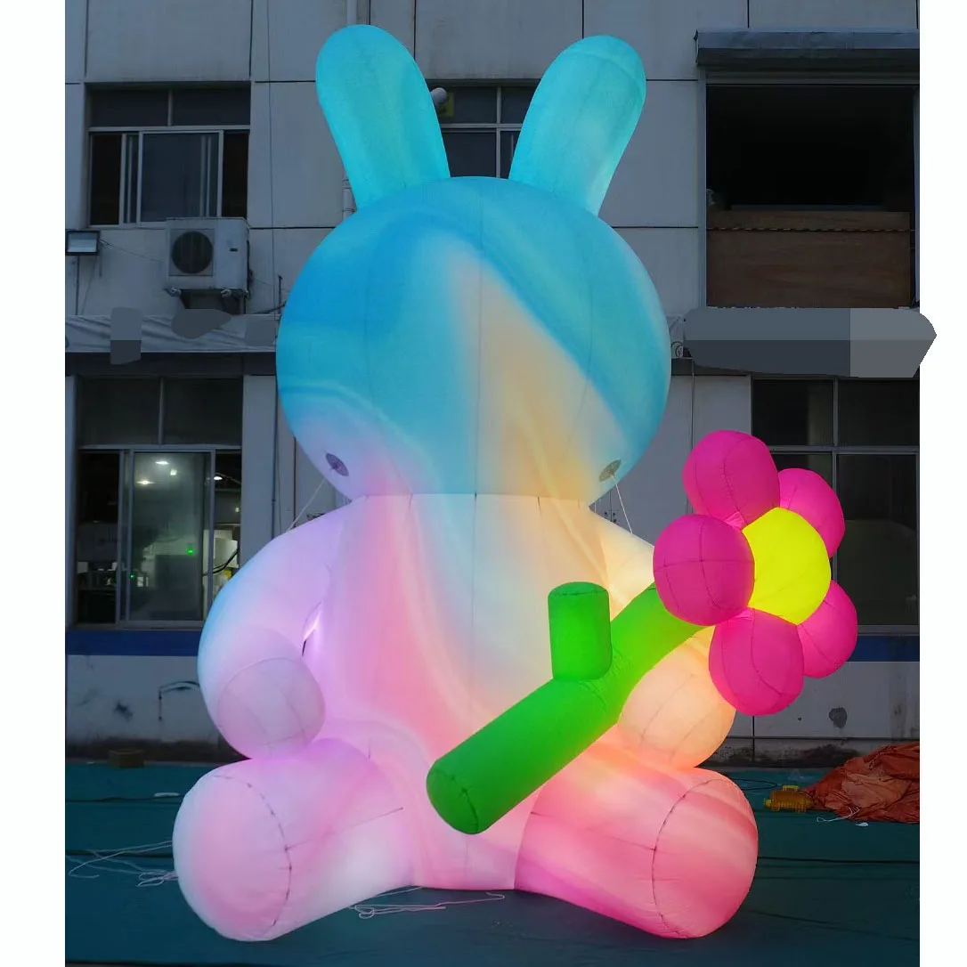 Conejo inflable gigante con flor, conejito de soplado de aire con luz LED blanca, accesorios de decoración para eventos para publicidad