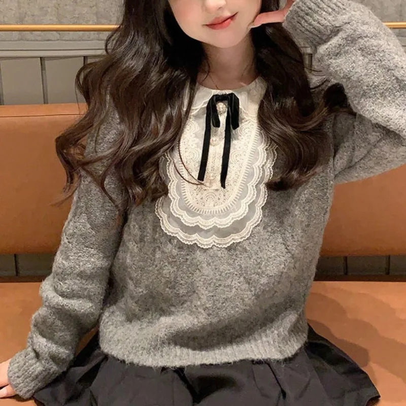 Deeptown Youthful Woman Grey Harajuku Sweaters Korean Style Aesthetic Laces Jerseys Cozy Vintage Cute Knit Pullovers Autumn Bows