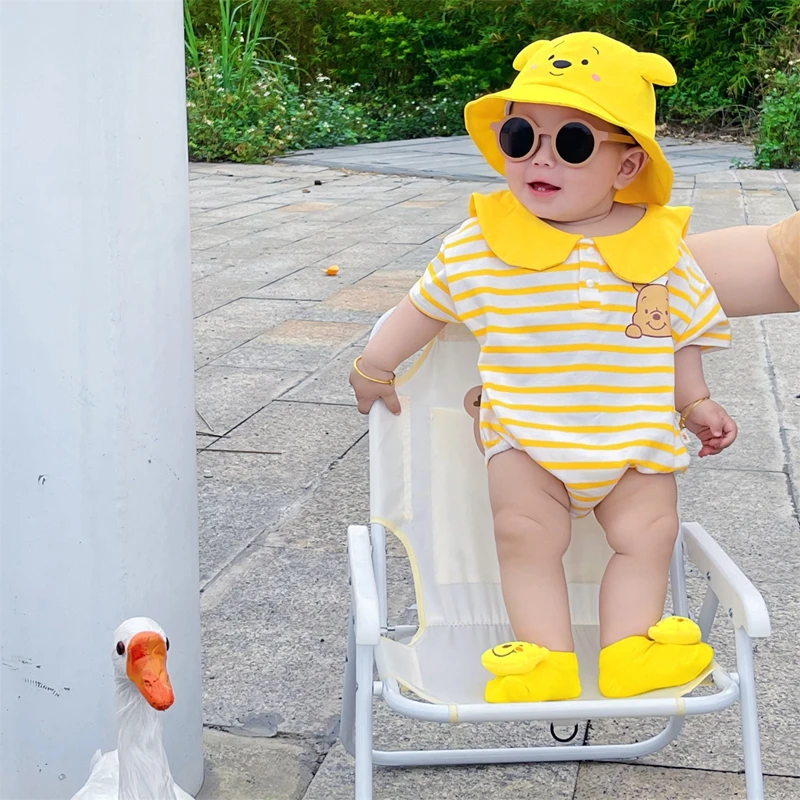 Fashion Newborn Baby Rompers Sock Hat 3pcs Set Summer Clothes Cartoon Pooh Bear Boys Girls Jumpsuit Infant Short Sleeve Bodysuit